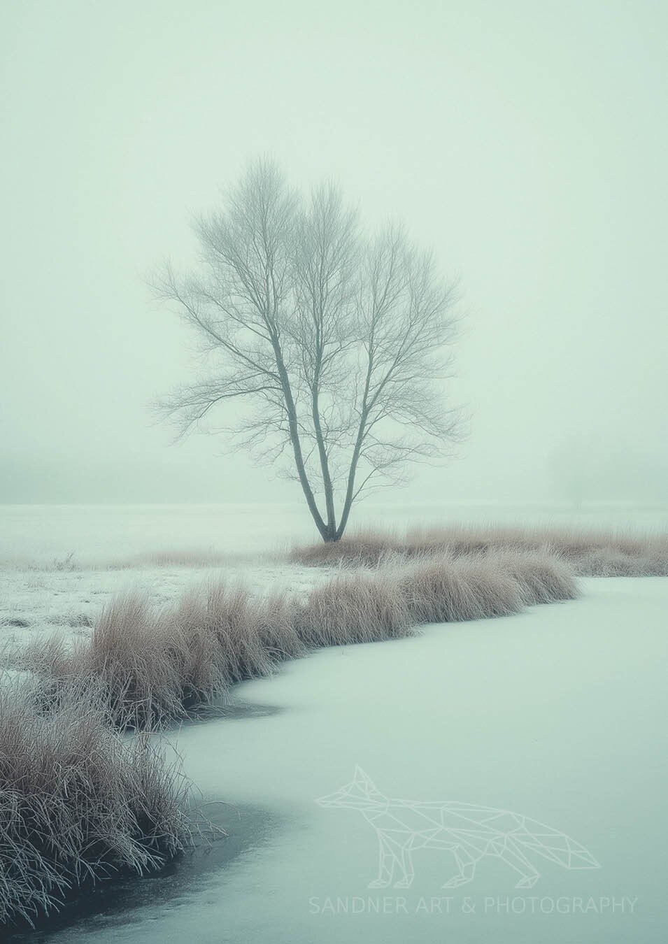 A solitary, leafless tree stands near the edge of a partially frozen pond, surrounded by frosted grasses. The landscape is bathed in a soft, pale mist, creating a serene and ethereal atmosphere. Delicate frost clings to every surface, and the muted tones of the scene emphasize the quiet stillness of a winter morning.