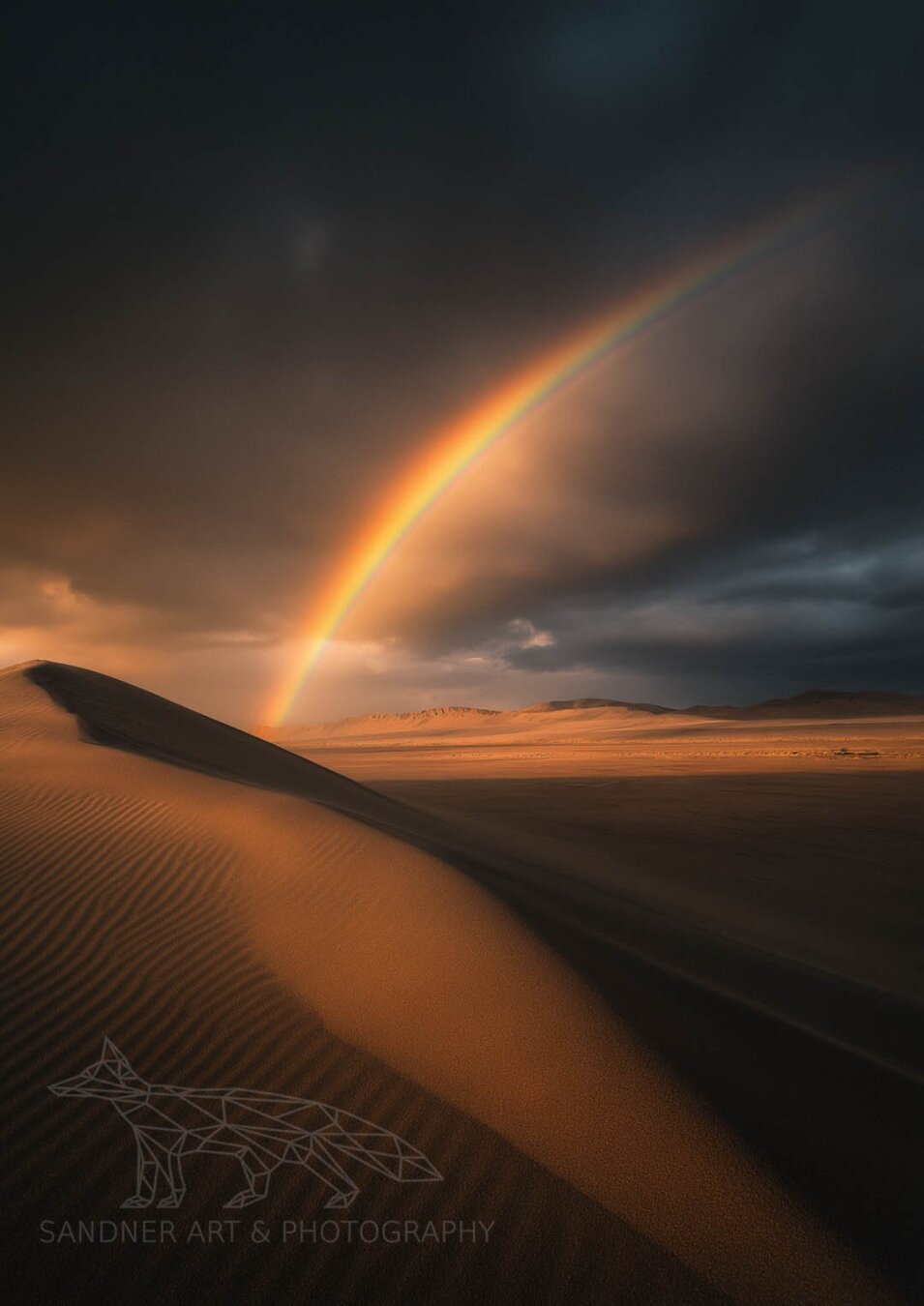 A stunning rainbow arcs across a dramatic, stormy sky above vast golden sand dunes. The low sun casts soft, warm light on the textured sand, highlighting delicate ripples and shadows. The contrast between the dark clouds and the vibrant hues of the rainbow creates a captivating and serene atmosphere, showcasing the beauty of nature’s fleeting moments.