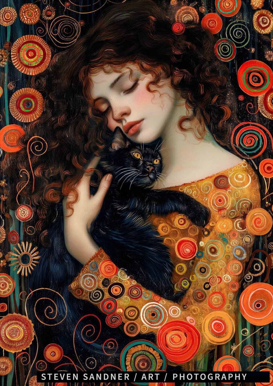 A mesmerizing artwork featuring a woman with curly brown hair and closed eyes, tenderly holding a black cat against her chest. Her golden dress is adorned with intricate patterns of colorful concentric circles and spirals, set against a dark, swirling background filled with vibrant orange, red, and green decorative motifs, evoking a dreamlike, fantastical atmosphere.