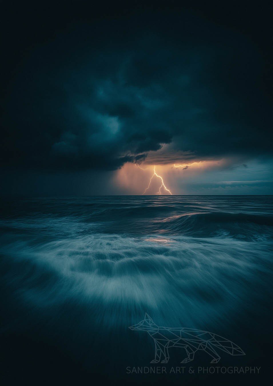 A dramatic seascape capturing a lightning bolt striking the horizon beneath a stormy sky. Dark clouds loom over turbulent ocean waves, with soft water motion in the foreground creating a sense of movement. The lightning illuminates the horizon with a warm golden glow, contrasting against the deep blues of the storm.