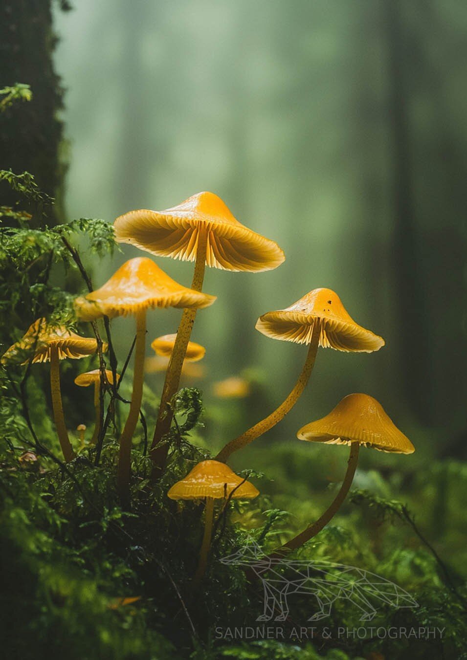 A vibrant cluster of bright yellow mushrooms with delicate, ribbed caps grows amidst lush green moss and ferns in a misty forest. The soft, diffused light filters through the fog, creating a magical and serene atmosphere, highlighting the intricate details of the fungi against the dark, shadowy background of towering trees.