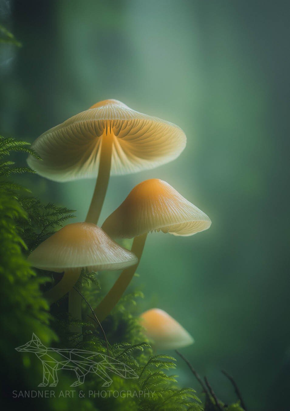 A close-up of delicate, golden mushrooms growing among vibrant green moss in a misty forest. The soft, diffused lighting highlights the intricate gills under their caps, giving them an almost ethereal glow. The background fades into a dreamy green blur, emphasizing the fungi’s details and the lush environment surrounding them.