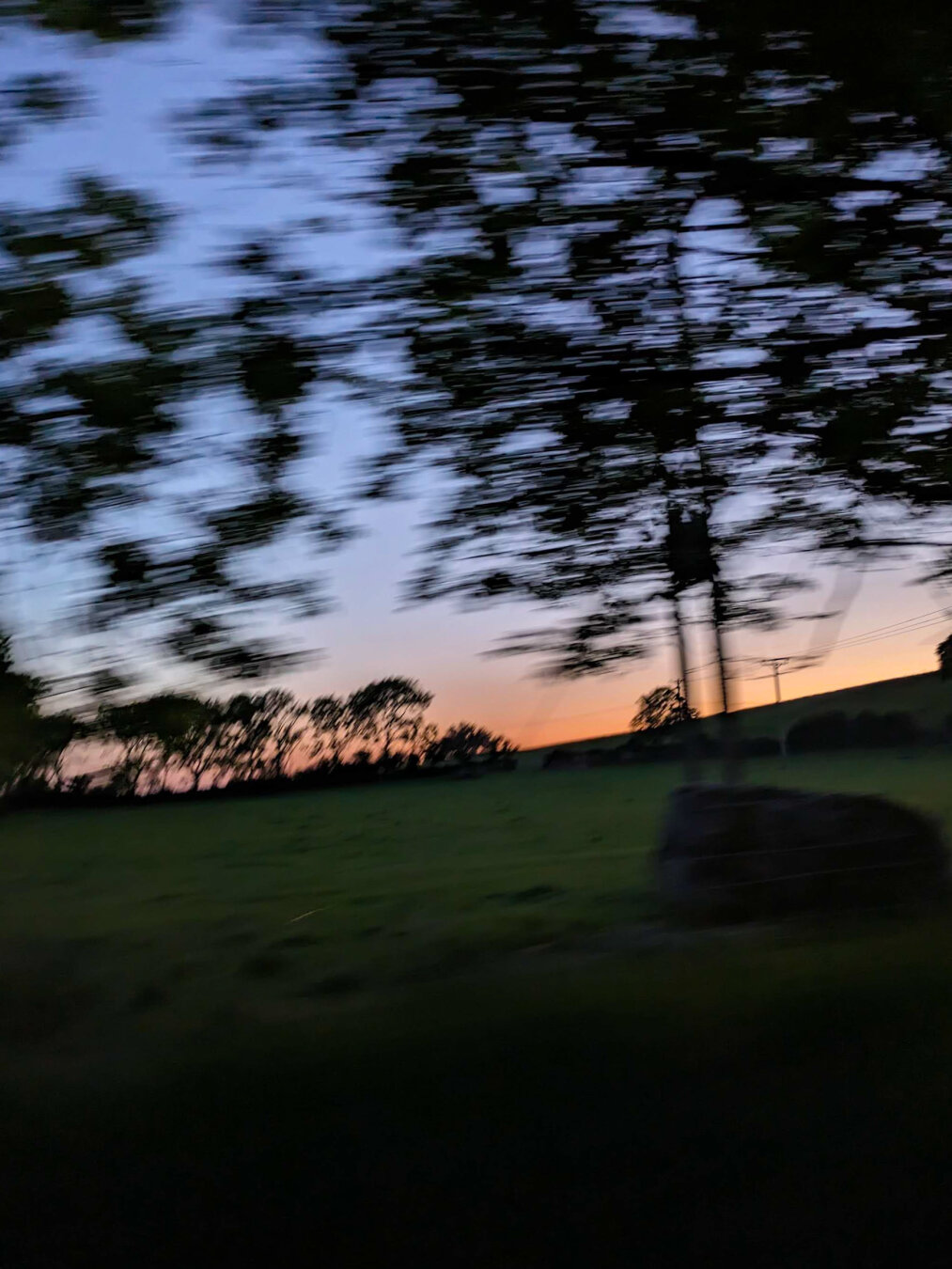 A motion blurred rural landscape during a colourful sunset. Blurred silhouettes of tree branches and foliage in front of a wide open green field. In the distance, blurry silhouettes of trees in front of an orange sky that turns to a light purple blue further up.