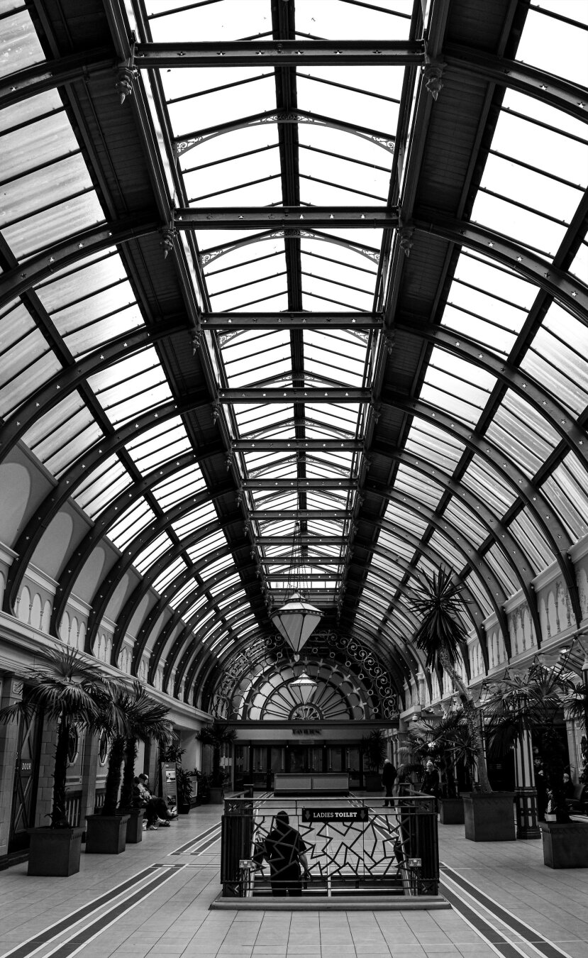 A monochrome shot of a Victorian indoor walkway. A tall, symmetrical arched glass and iron roof covers the entire ceiling letting in natural light. There are potted palm trees along the sides of the hall. In the centre of the hallway is a staircase with the silhouette of a single person emerging from downstairs.