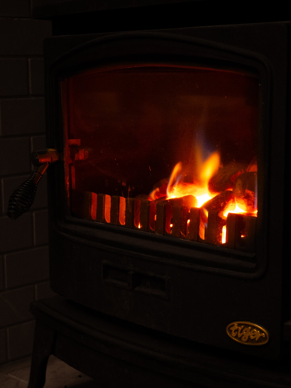 A low-light photo of a bright orange roaring fire inside a black cast-iron stove. A gold Tiger logo is visible on the bottom right corner, and a coiled wire handle sits on the left door frame.