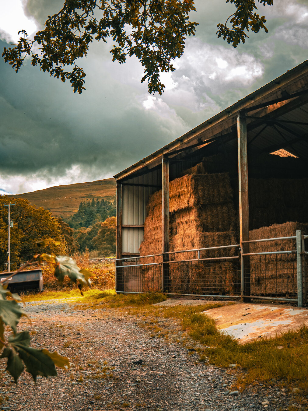 A rustic open-sided metal barn filled with stacked rectangular hay bales glowing with warm orange tones. A gravel path sits in the foreground, with rolling hills under a moody sky in the background.