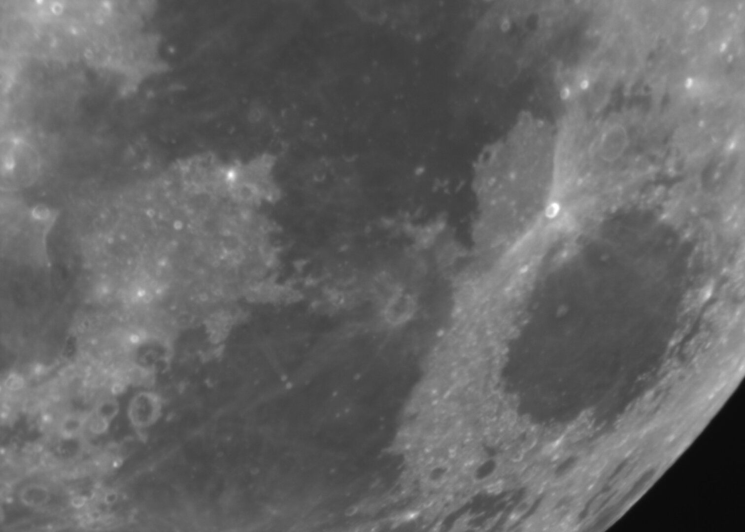 Luna: Mare Tranquilitatis (Sea of Tranquility), Mare Fecunditatis (Sea of Fertility), Proclus crater (27km/16.8mi diameter) and Mare Crisium (Sea of Crises), captured 2025-01-12.