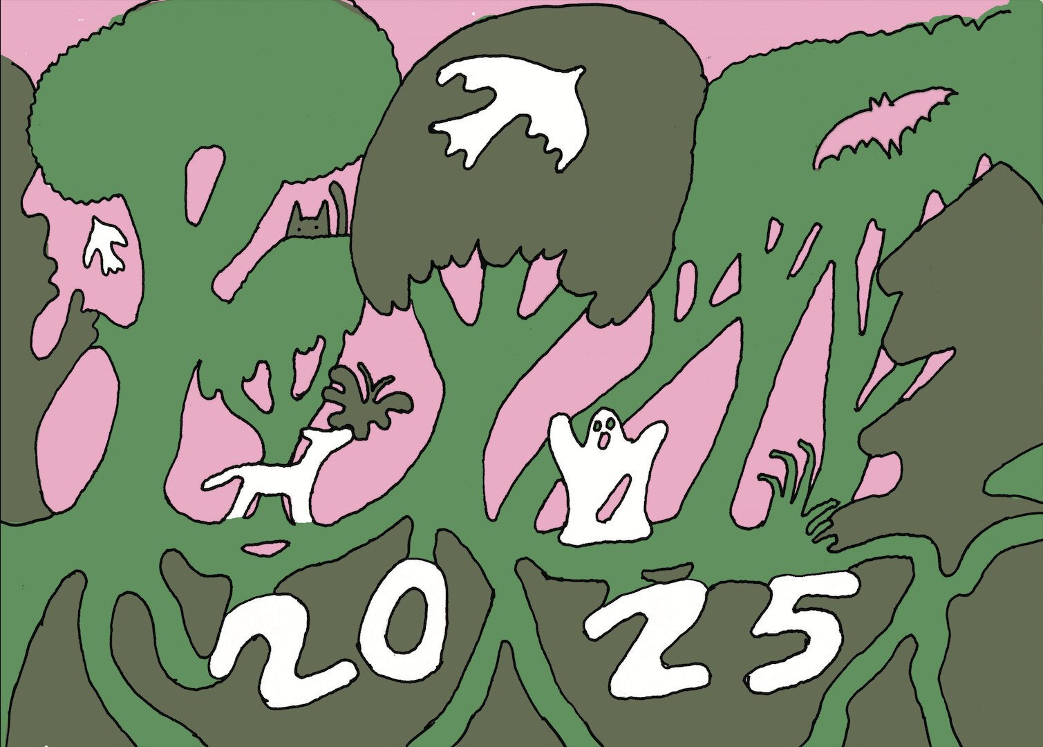 carte de vœux 2025 - rose et vert. forêt en silhouette dans les racines on lit 2025 au sol on voit un fantôme et une sorte de biche/chien blancs en l'air deux oiseaux et une chauve souris, sur le nez du chien : un papillon. Caché dans les branche un petit chat