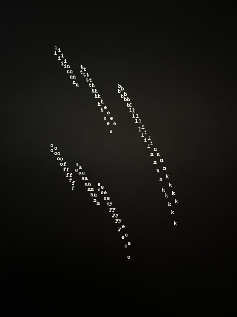 An image with white text on a black background, the text was produced on a typewriter and contains 6 words. The letters repeat as if they are stars falling from the sky, reading; “in the blink of an eye”.