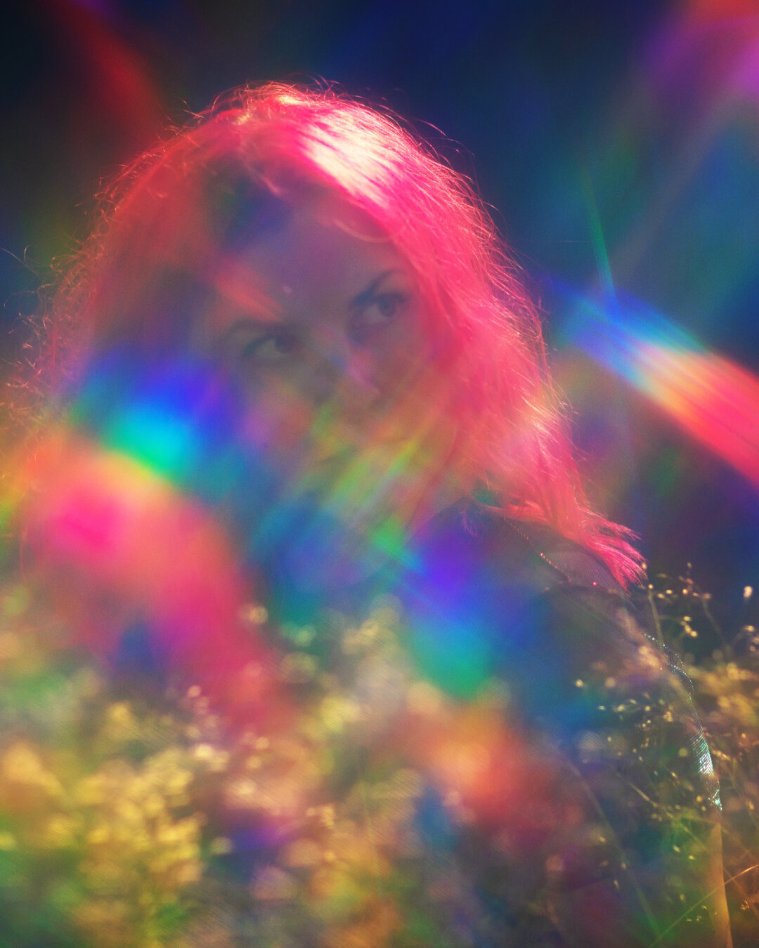 Portrait of a woman in a forest with psychedelic refraction effects