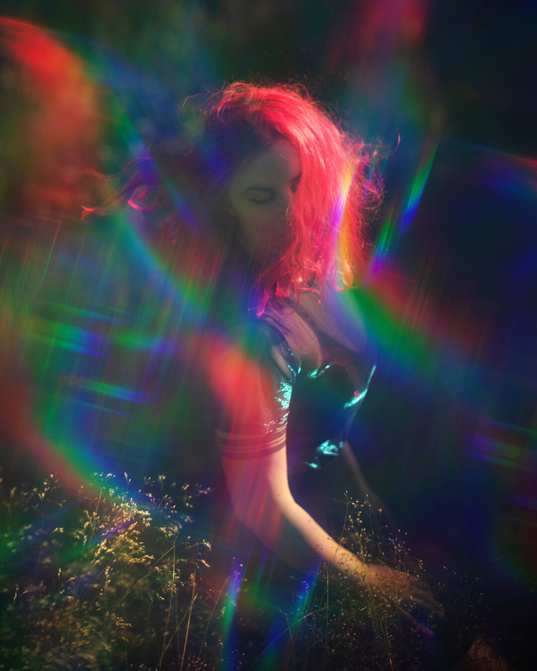 Portrait of a woman in a forest with psychedelic refraction effects