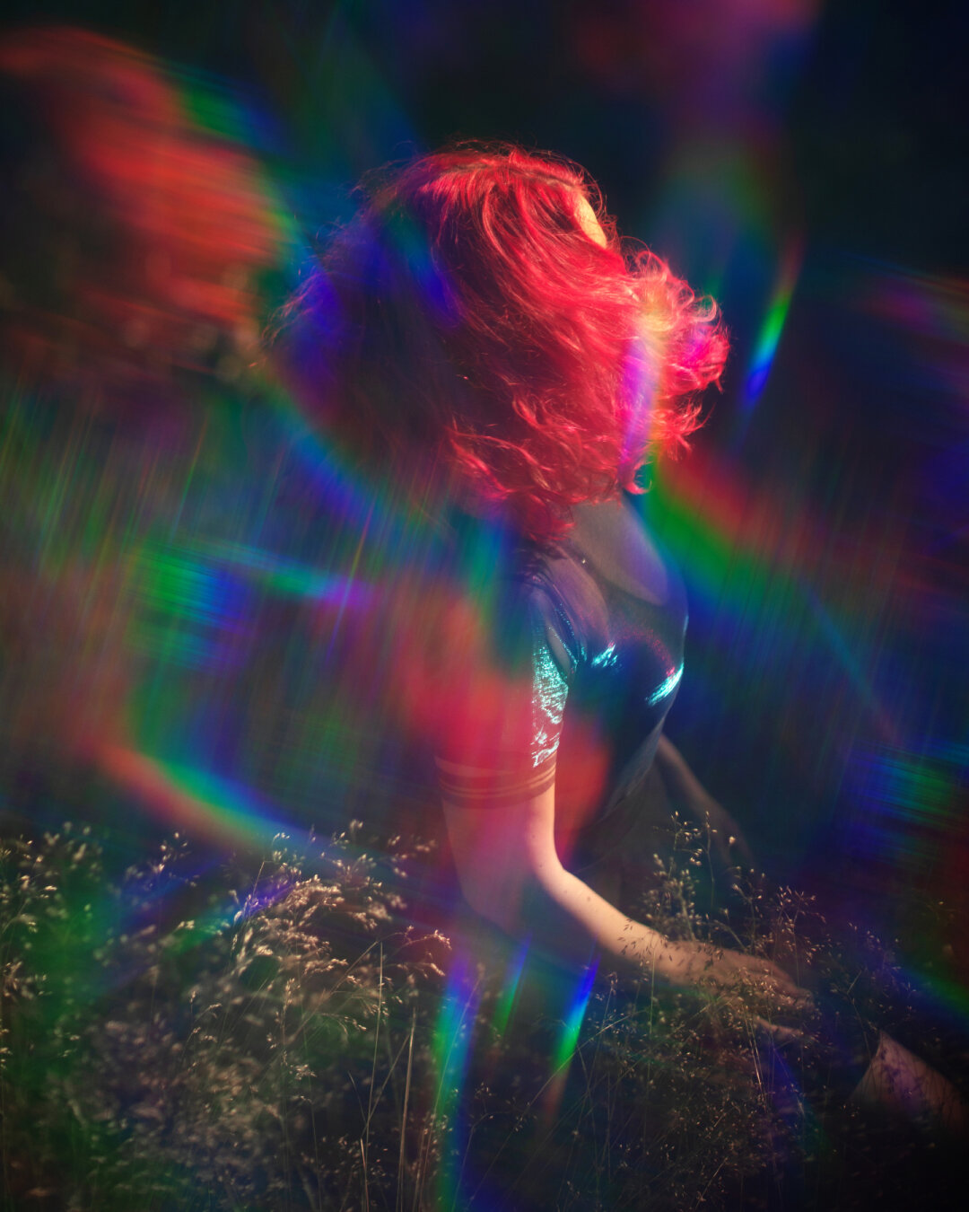 Portrait of a woman in a forest with psychedelic refraction effects