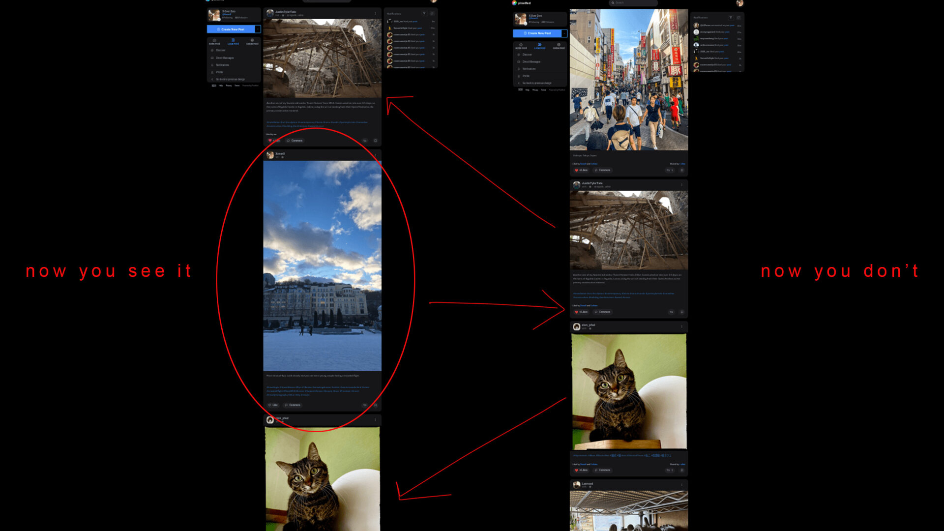 Side by side screenshots of the main Pixelfed feed. One screenshot shows our post of some buildings in Kyiv surrounded by snow and sky. The other shows the same area of the main feed after our post was removed.