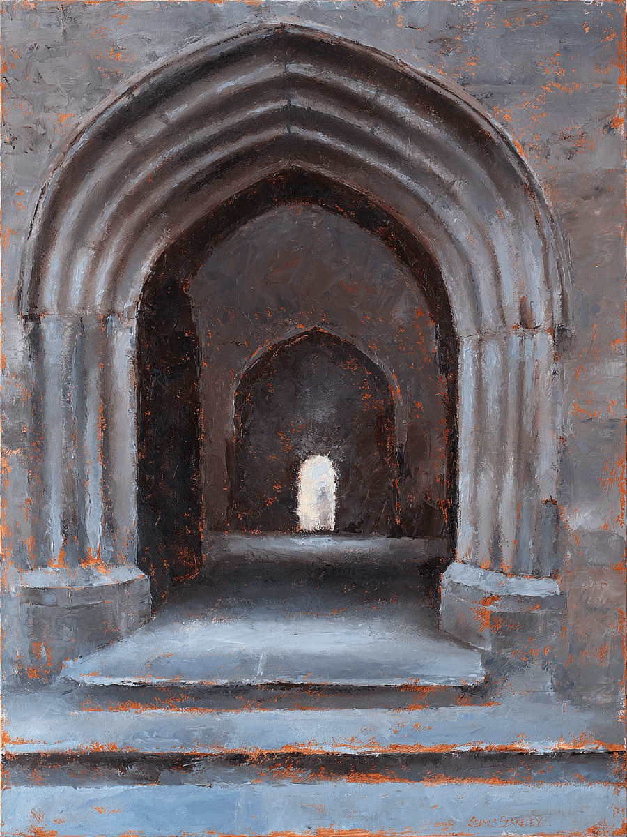An oil painting of an open entryway of the Rock of Cashel cathedral revealing another open doorway on the church’s opposite side in which an ethereal figure is standing in white light.