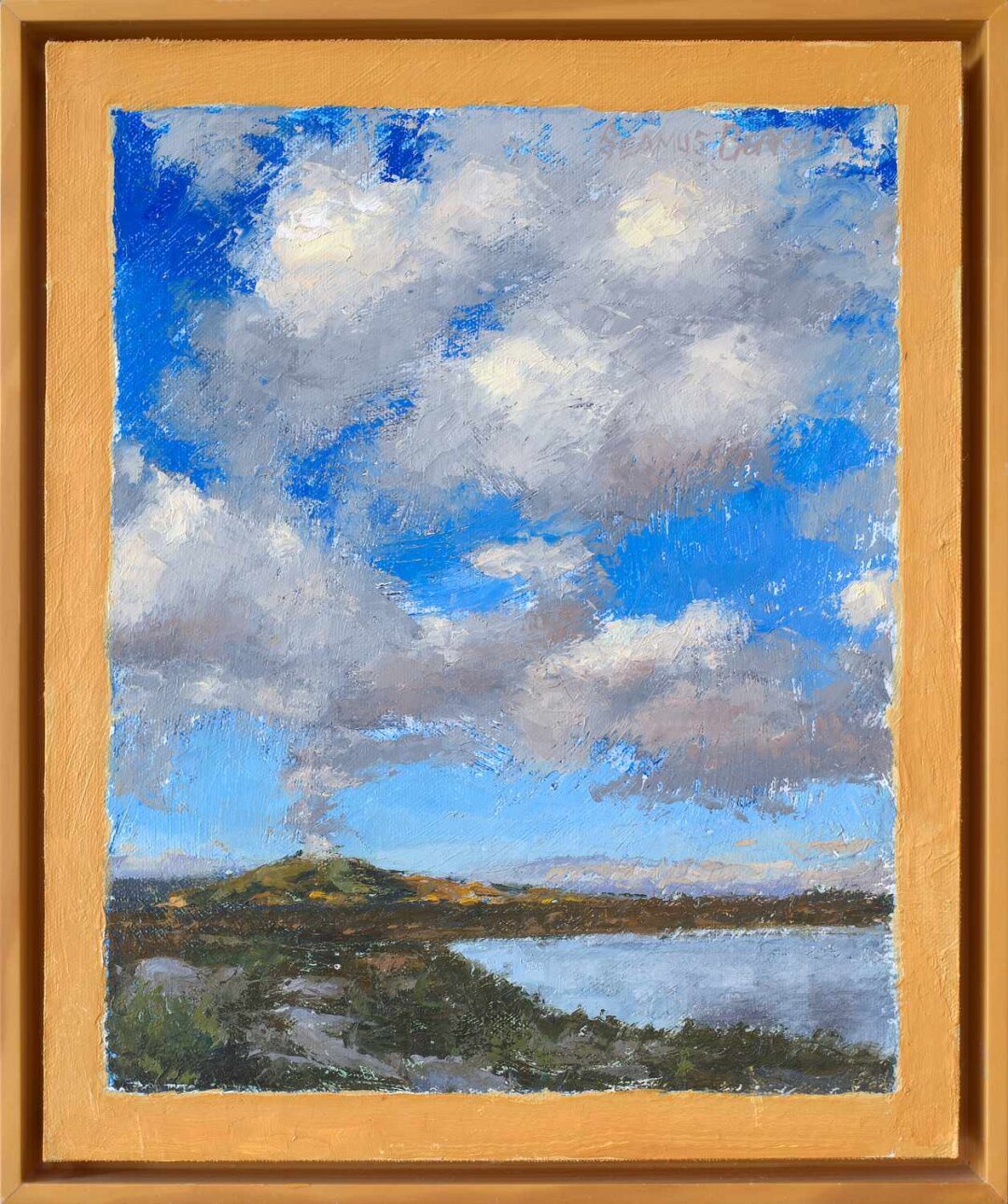 An oil painting of white puffy clouds in a deep blue sky rising above the Cerro Pedernal, near Ghost Ranch, Abiquiu, almost seem as if the clouds emerge from this ancient volcanic formation in this landscape of water, mountains, clouds, and sky.