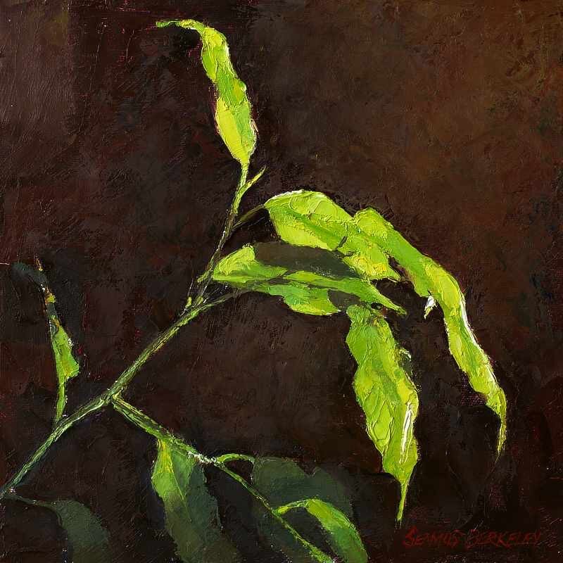 An oil painting of bright green leaves illuminated by bright sunlight against a dark reddish brownbackground.