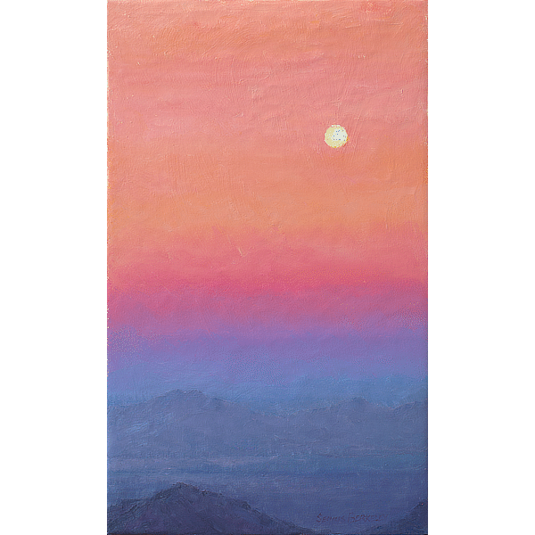 An oil painting of a full moon above the horizon and distance violet mountains in a vibrant, colorful, orange and red sky at dusk.