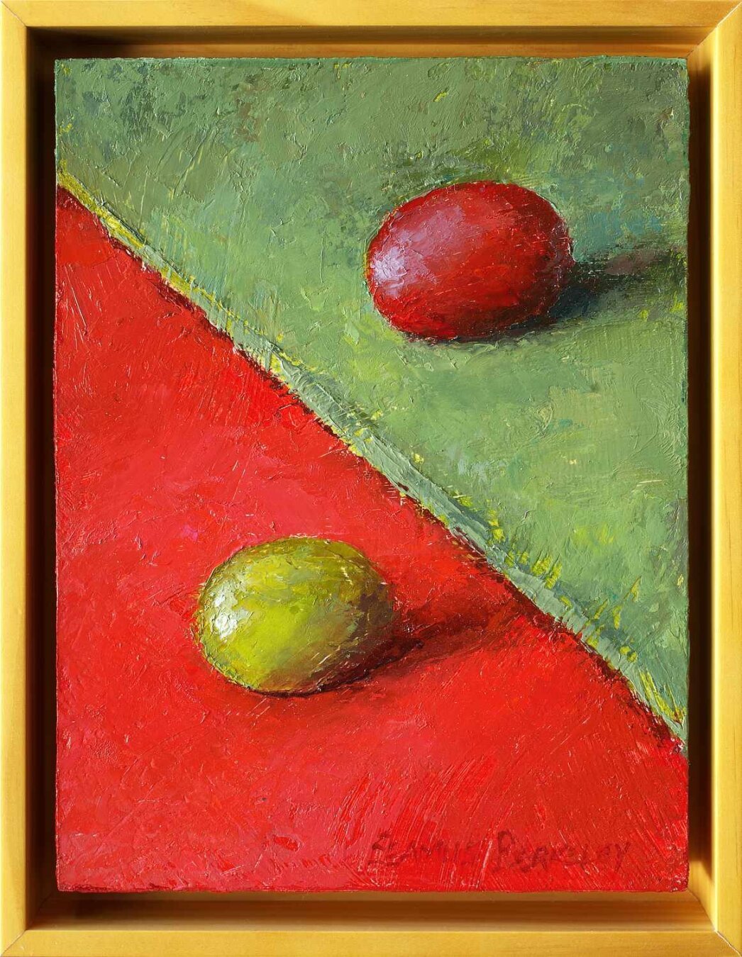 Image of an oil painting of a green grape on red fabric juxtaposed with a red grape on a green fabric in an ochre colored wooden frame.