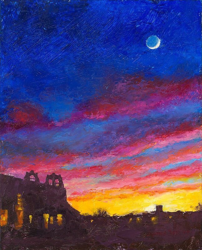 Image of an oil painting of the moon in a yellow, red, and violet evening sky above the silhouettes of buildings around the plaza of Taos, New Mexico.
