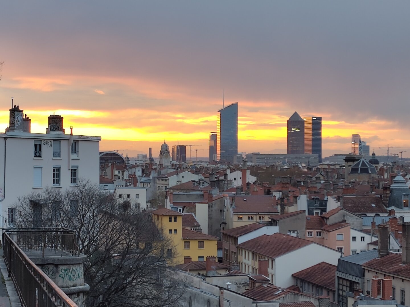 Sunrise on the buildings of Lyon