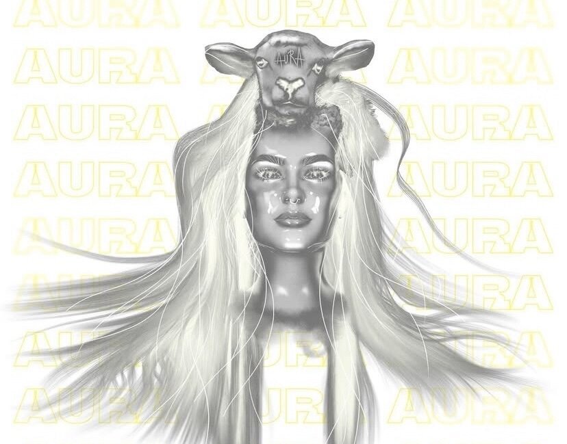 Digital art of girl wearing a lamb’s head, with the text “AURA” scrolled across the background