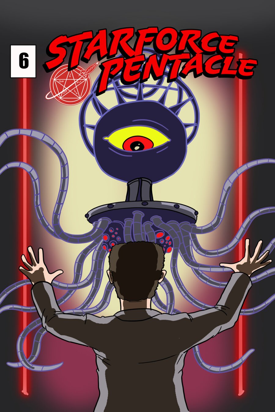 A man in a grey suit stands with his back to the viewer, arms outstretched. A bizarre alien creature with mechanical tentacles and a single enormous eye below an elaborate halo-type structure floats above him, as if being summoned.