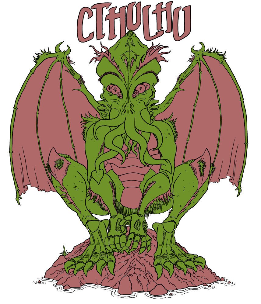 H. P. Lovecraft's Cthulhu, a green multi-eyed alien monster with tentacles and bat wings, perched on a rock