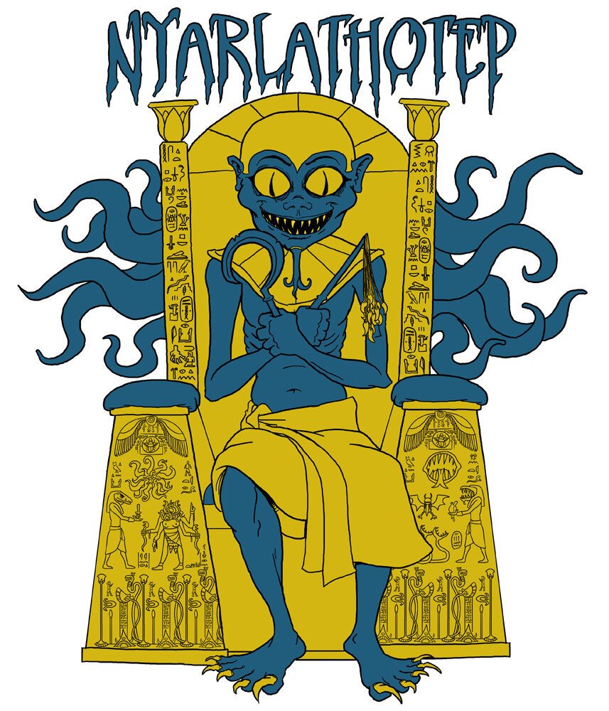 Nyarlathotep, an evil humanoid with huge catlike eyes and dark blue skin, on a throne covered in Egyptian hieroglyphs with tentacles emerging from behind it.