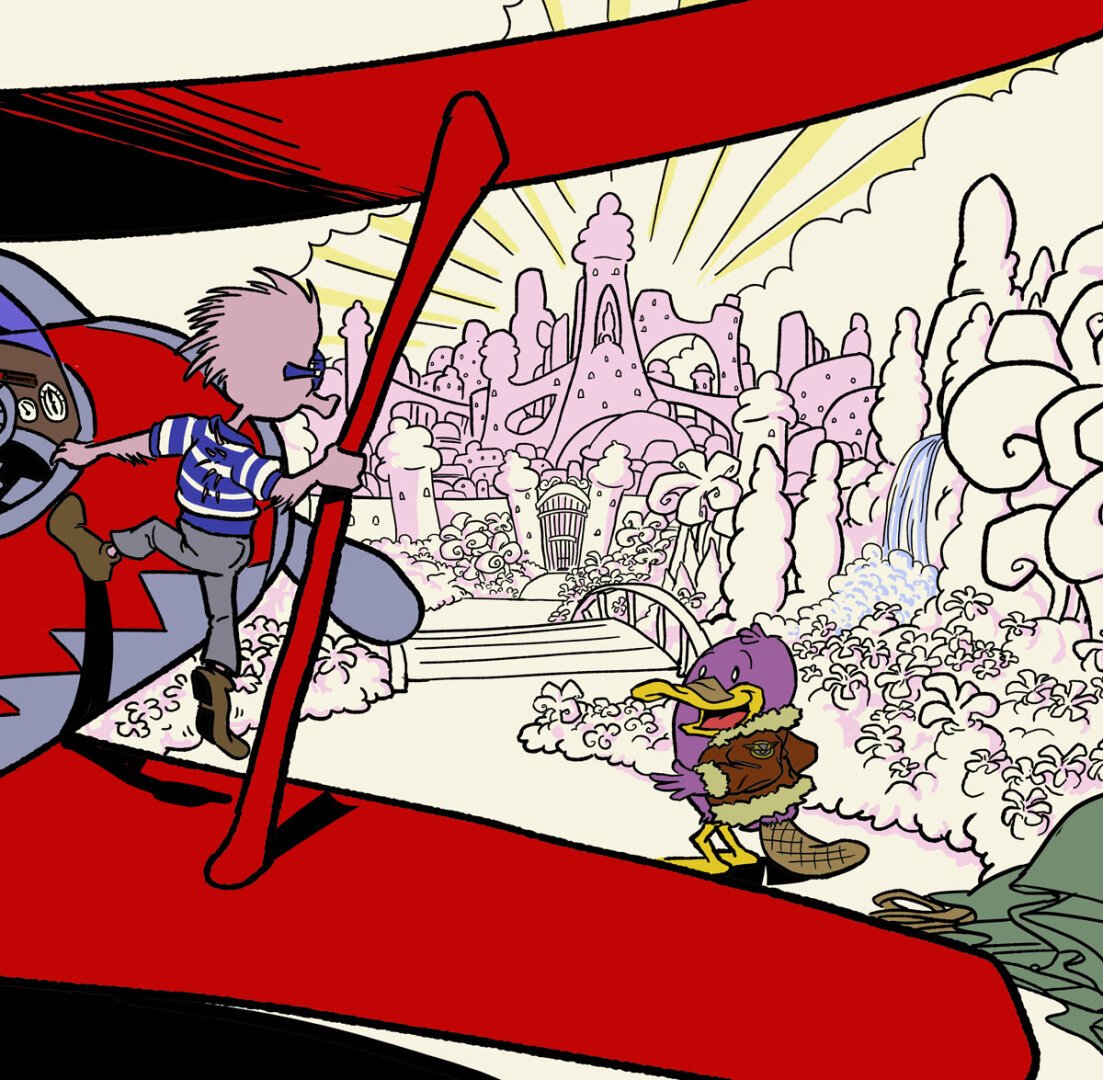 Dash Platypus (a purple platypus in a bomber jacket) and Edna Echidna (a pink Echidna in a striped shirt and thick glasses) descend from their biplane at the gates to a fantastical city in the clouds
