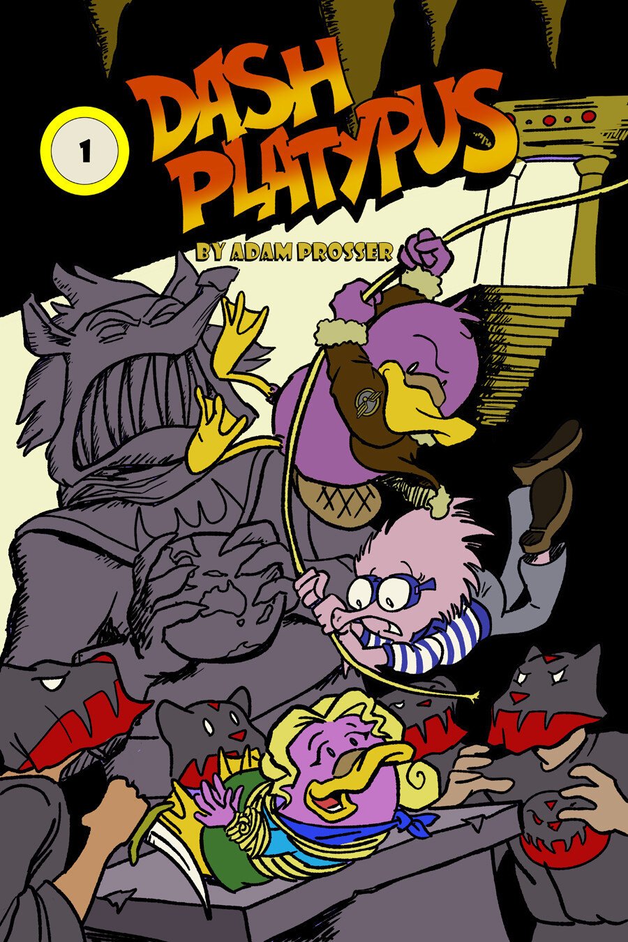 Heroic adventurer DASH PLATYPUS (a purple platypus in a bomber jacket) swings out on a rope with his sidekick EDNA ECHIDNA (a pink echidna with thick glasses) over a group of sinister masked figures before a monstrous idol. A female platypus (DAHLIA DUKBEVRE) is tied up on the altar, about to be sacrificed, but she is delighted to see Dash coming to her rescue.