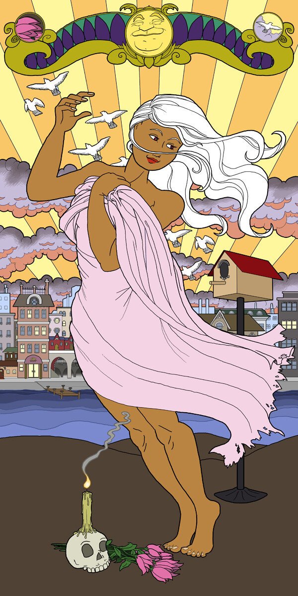Sunrise. A brown-skinned woman with white hair in a flowing, ragged pink dress is making a dancer's pose. There is a candle on a skull and a bouquet of roses at her feet. Behind her is a birdhouse with a flock of doves flying from it. There is a canal in the background and buildings past it. There is an art nouveau border header at the top with an anthropomorphic sun in the middle.