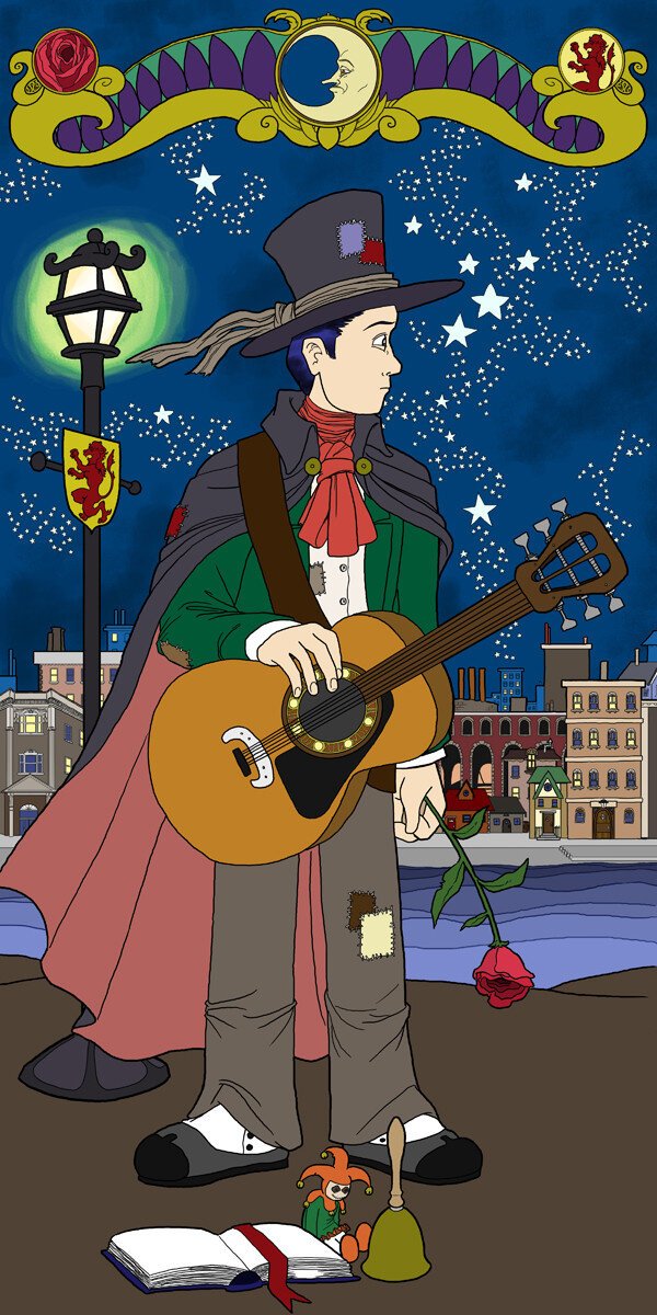 Night, under a starry sky. A man in ragged old-fashioned clothing, with top hat, cape and cravat. He is holding a rose and has a guitar on a strap slung across his shoulder. A puppet, book, and handbell are sitting at his feet. Behind him is a lit streetlight with a heraldic shield hanging on it. Further back there is a canal, and on the other side some buildings. There is a top border in an art nouveau style with an anthropomorphic moon.