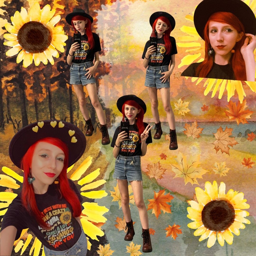 I created an outfit collage with Canva of me wearing a black graphic t-shirt, jean shorts, dark red boots, and a black fedora. My hair is two colors: vibrant red with black underneath. I also have Halloween earrings (a skeleton witch in one ear and a pumpkin in the other). A tiny skeleton is poking out of my pocket. In addition to photos of my full body poses and close-ups, there are visual elements of summer and autumn including sunflowers and leaves layered over a painted background of a wooded forest blended into a painted beach.
