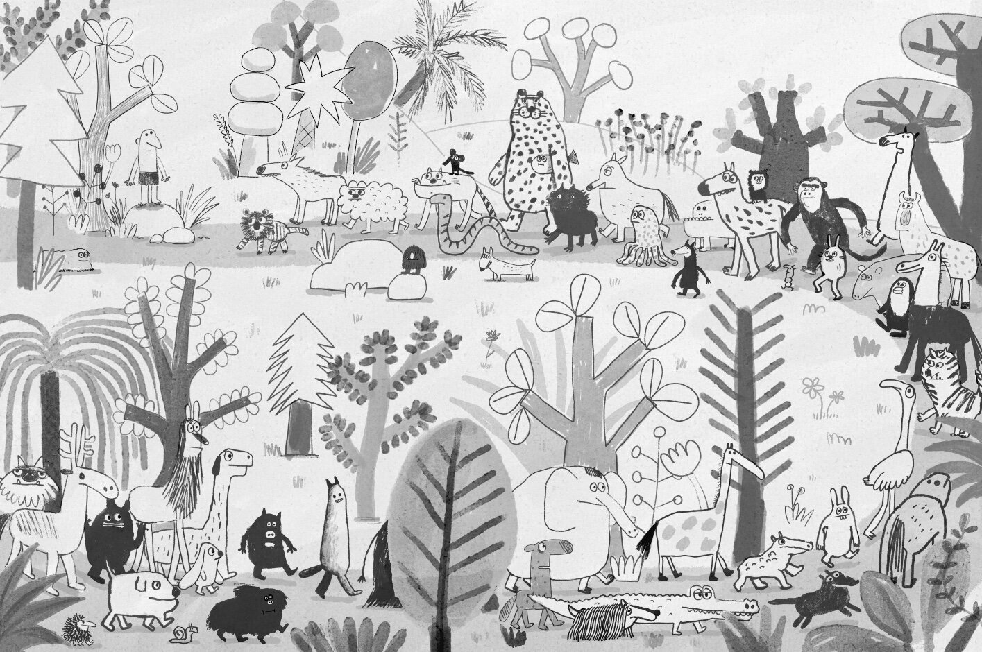 Un crayonné d’une double-page du livre: tous les animaux cheminent jusqu’à la « drole de Bête » V2 :) / dessin version noir &amp; blanc