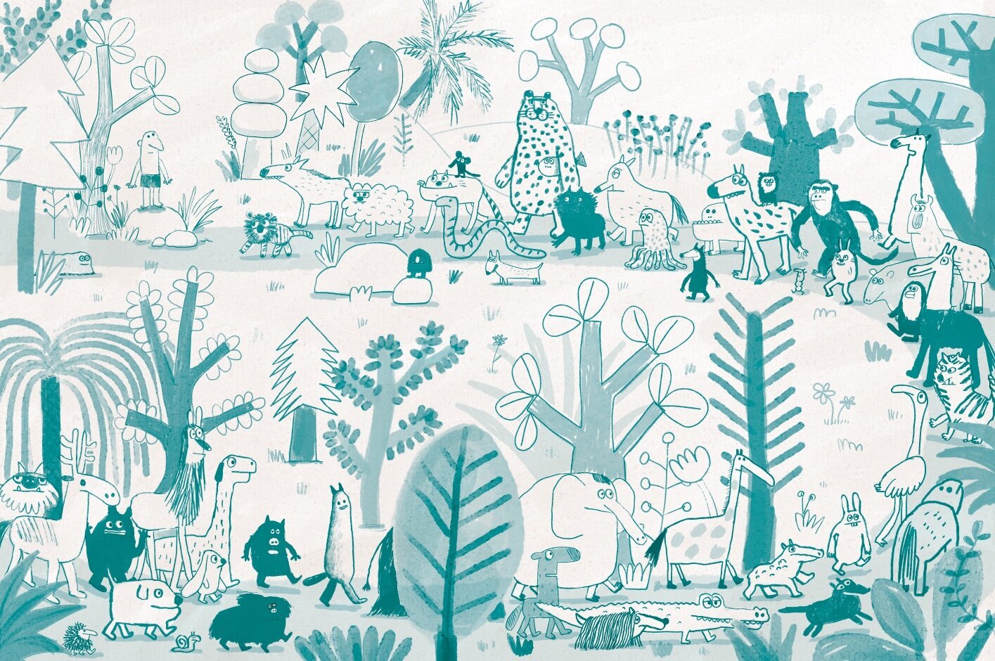 Un crayonné d’une double-page du livre: tous les animaux cheminent jusqu’à la « drole de Bête » V2 :) / dessin version bleu-vert