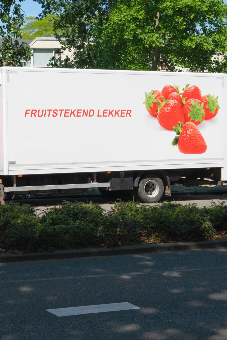 White lorry with “FRUITSTEKEND LEKKER” (word play in Dutch) and isolated photographs of strawberries on its side.