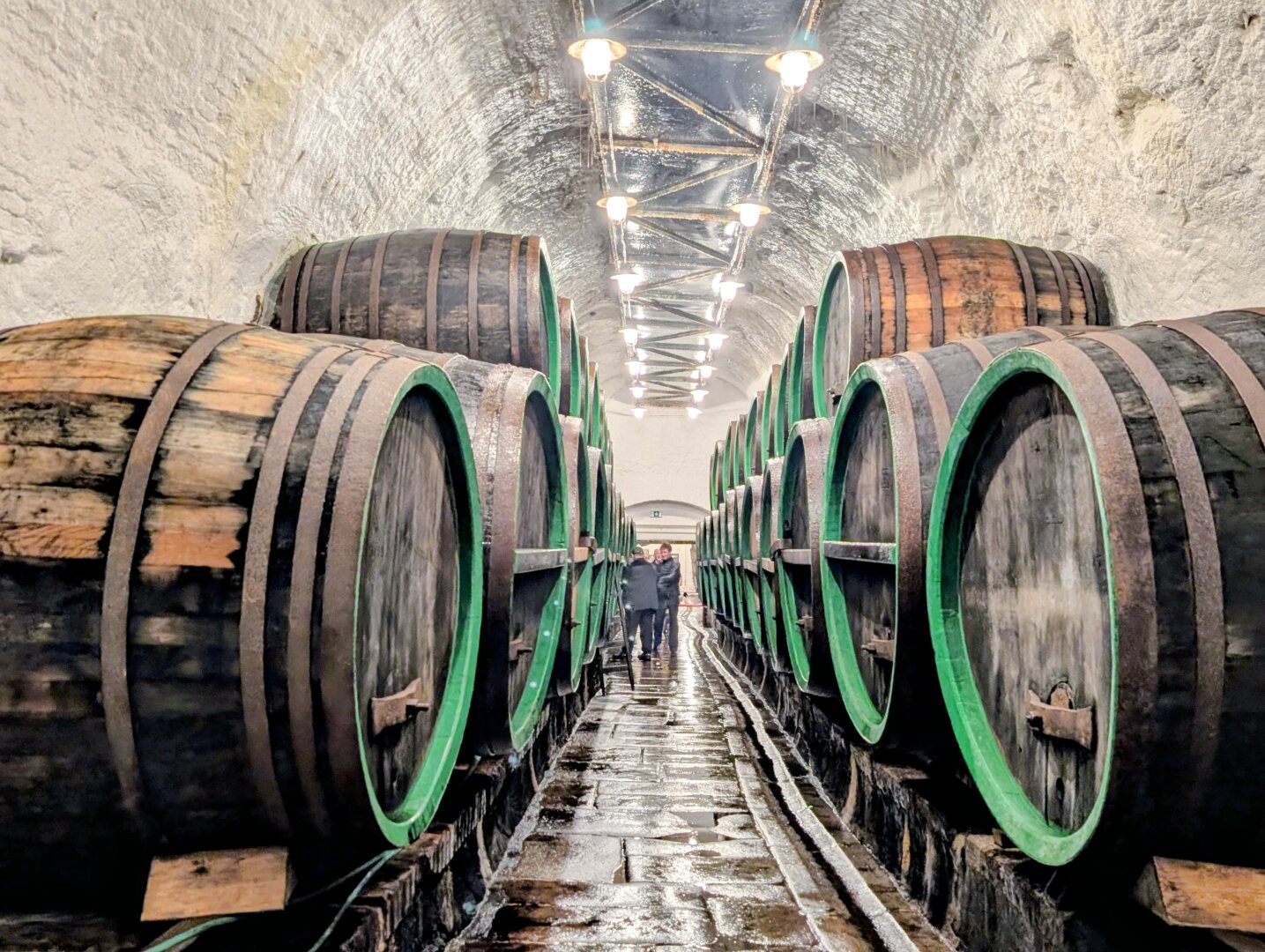 The photo shows a long underground cellar lined with large wooden barrels on both sides, creating a striking sense of depth and symmetry. Bright overhead lights illuminate the arched stone ceiling, while a few people can be seen walking down the wet central aisle.