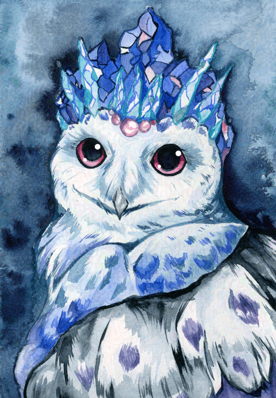 Artwork of a snowy owl in a winter themed royal outfit. The owl is adorable and painted in watercolour. Art by Ellyrieve LVK, all rights reserved