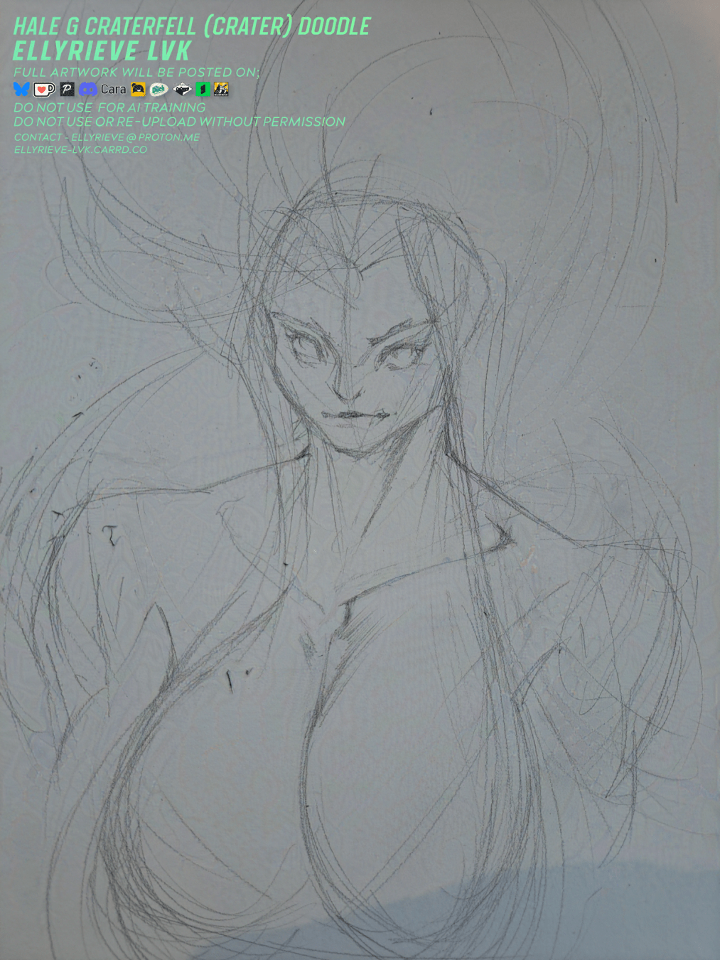 Bust of a nude woman with hair slowing around her boobs to obscure the fully nsfw bits. Art and characetr design by Ellyrieve LVK