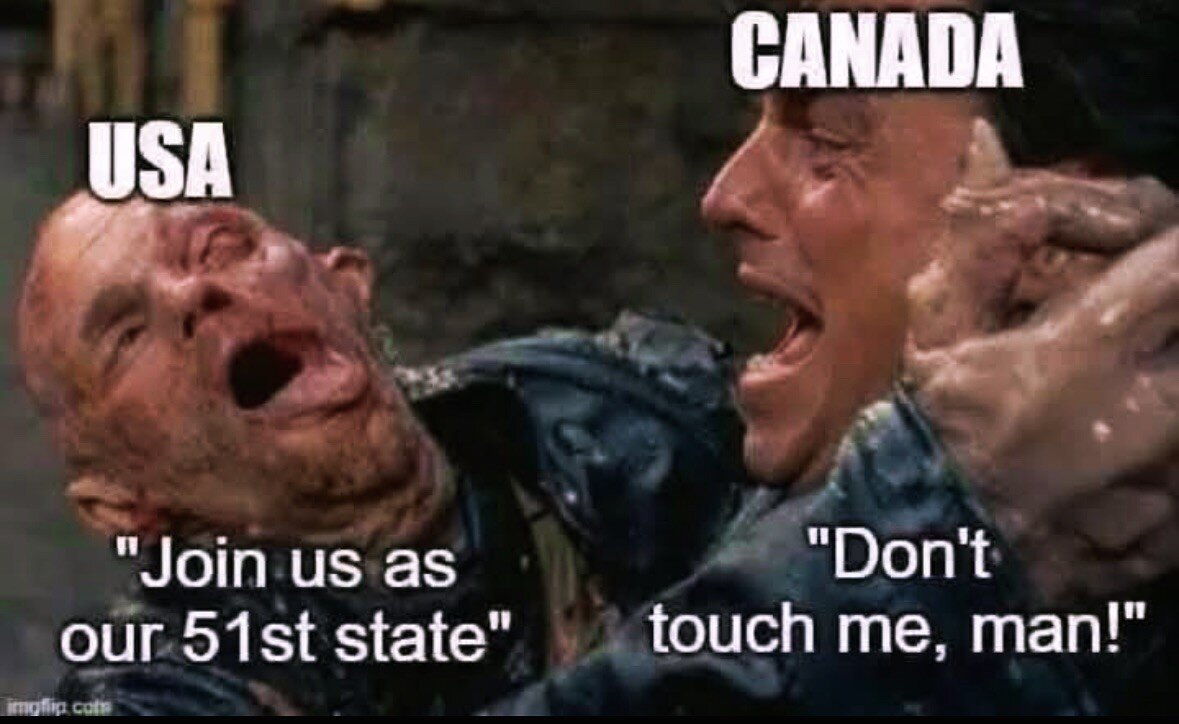 meme of grotesque US clinging to  clean Canada, Canada cringing