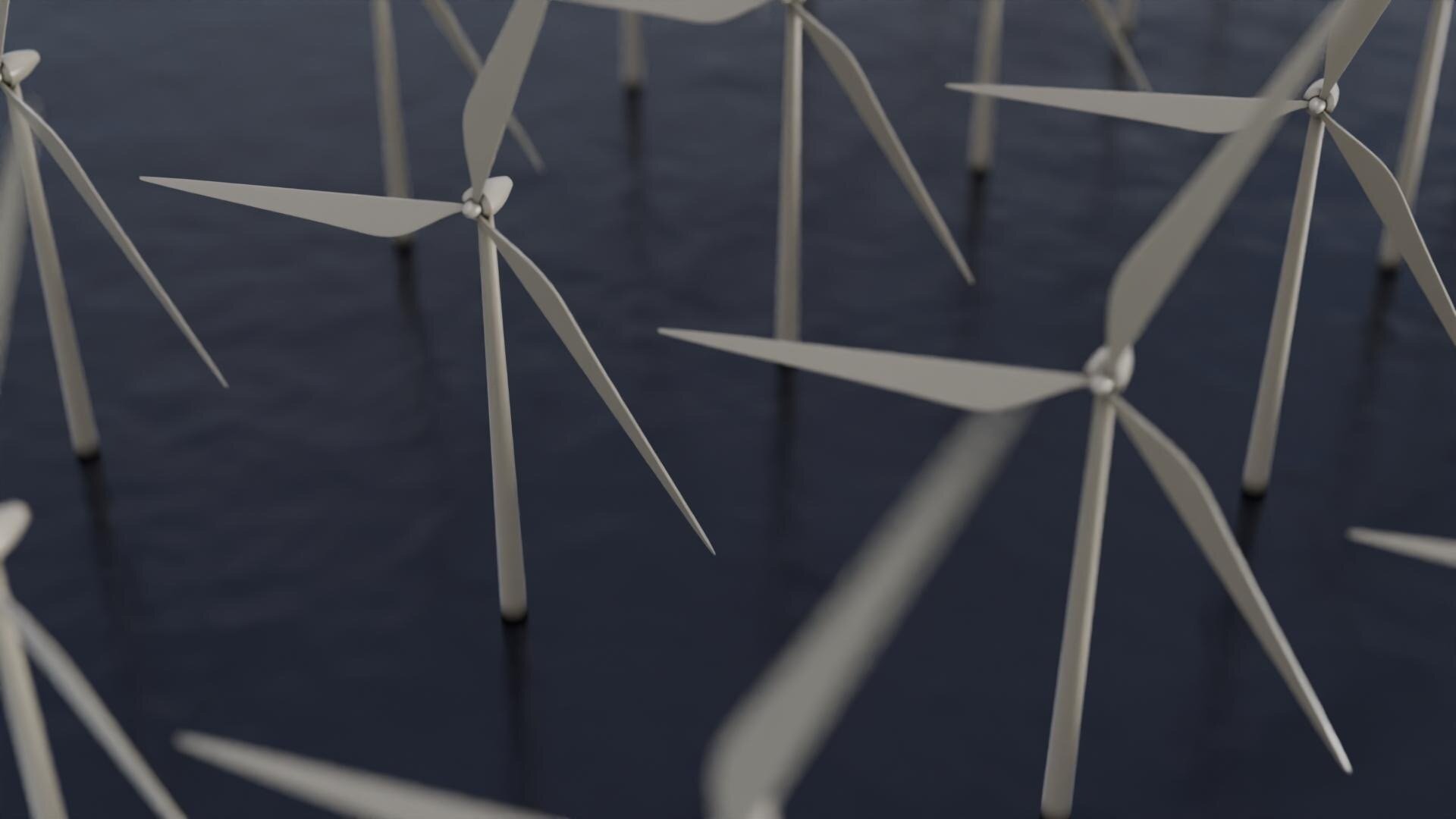 3D visualization of a wind farm at sea.