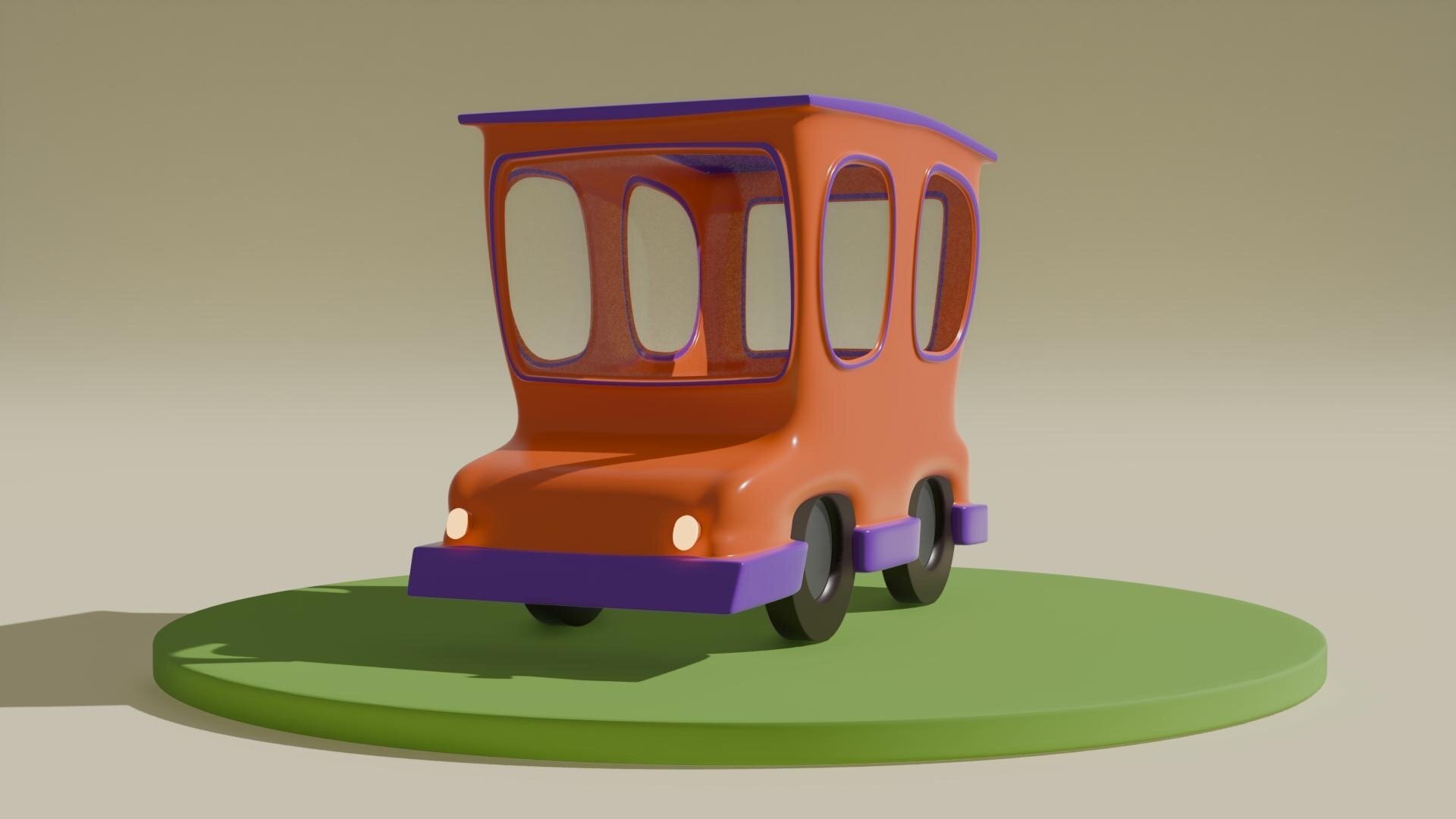 3D model of a toy car with round shapes, made of orange and purple plastic.