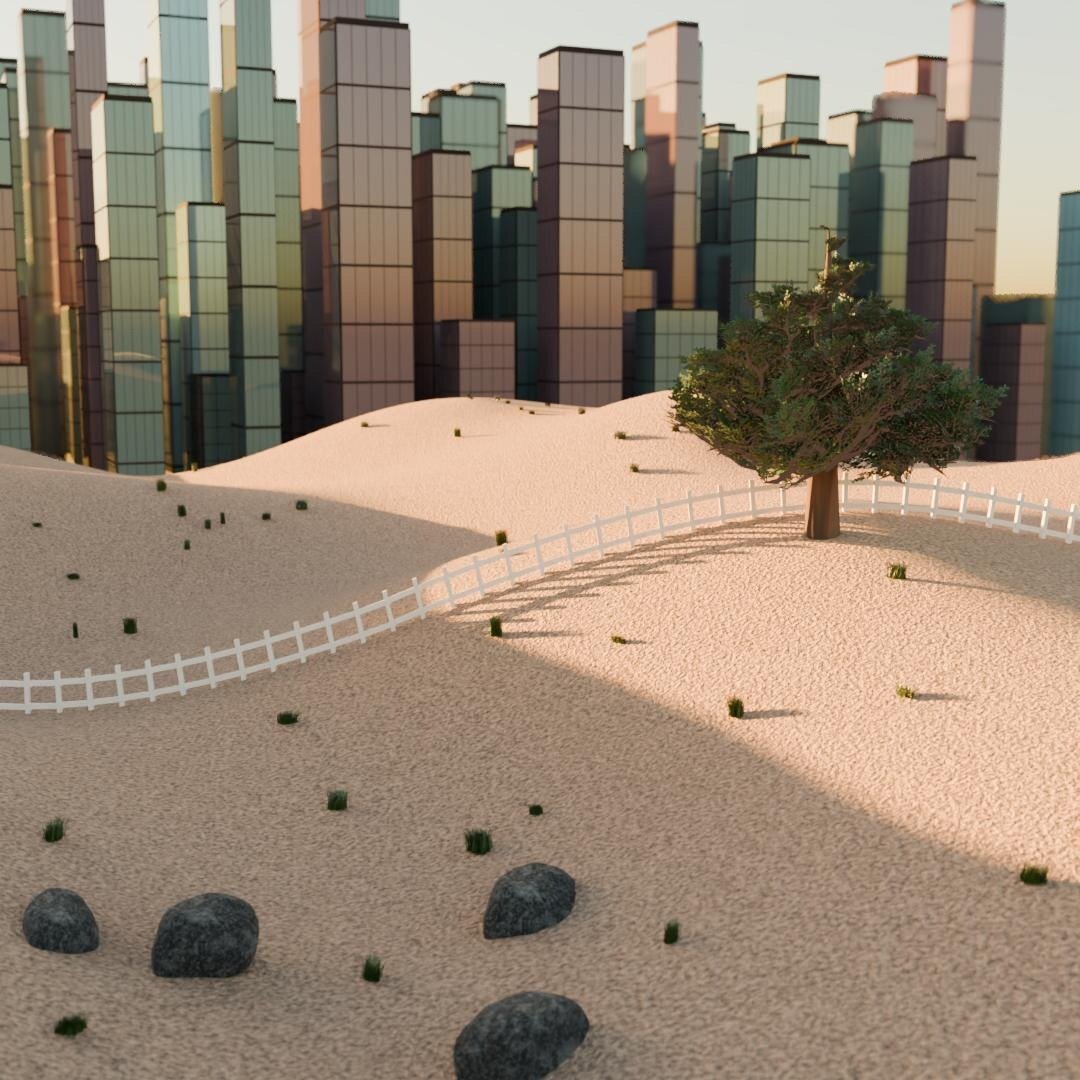 3D visualization of a landscape with sandy hills, a white fence, a tree and a big city.
