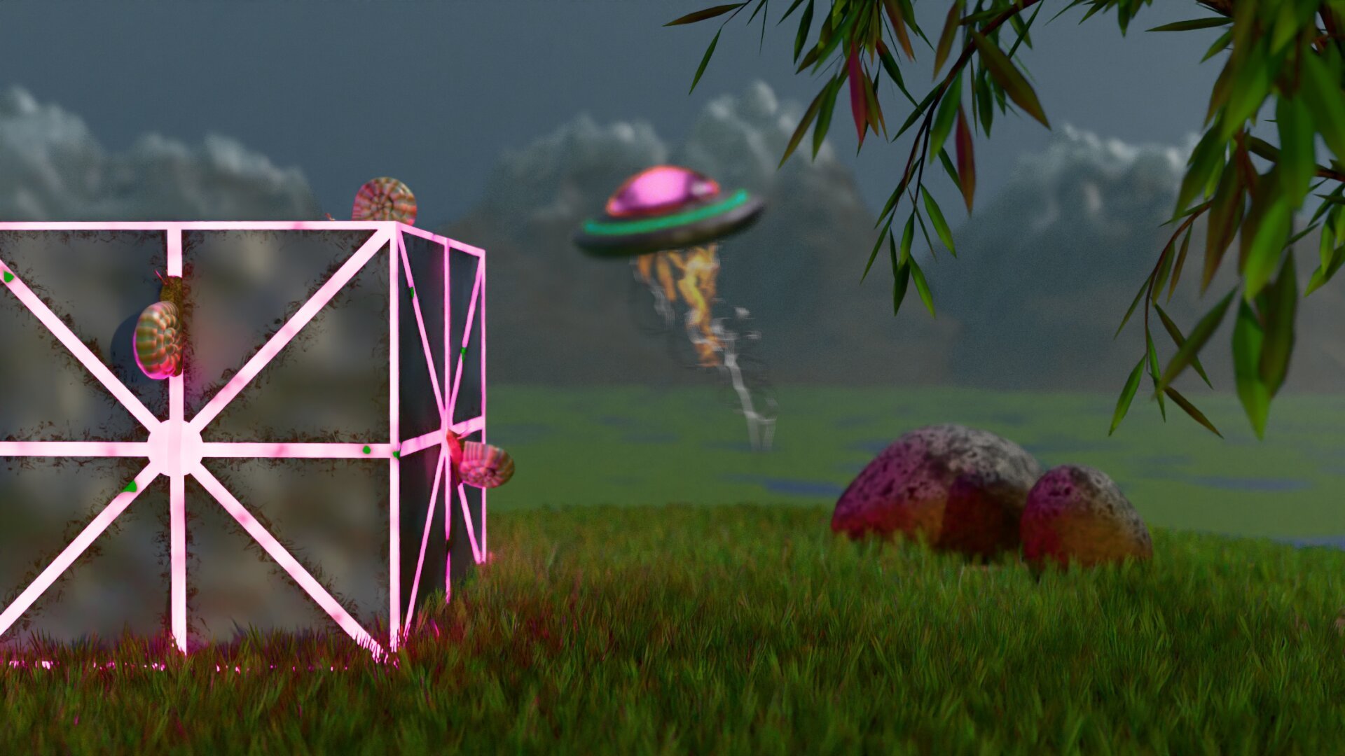 Scene with a strange cube, snails and a UFO, made in Blender 3D.