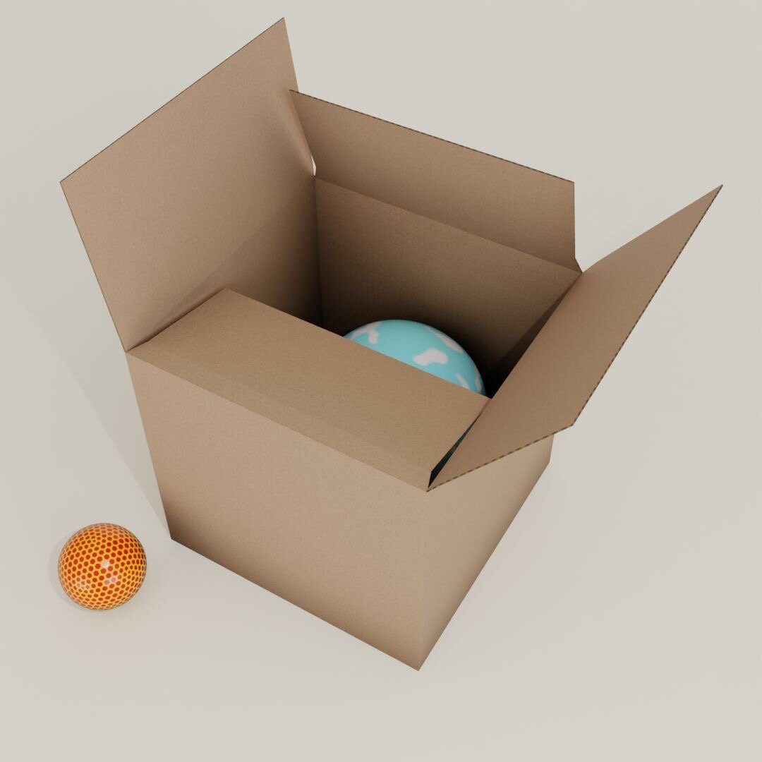 3D model of a cardboard box containing a blue ball. Another ball lies next to the box.