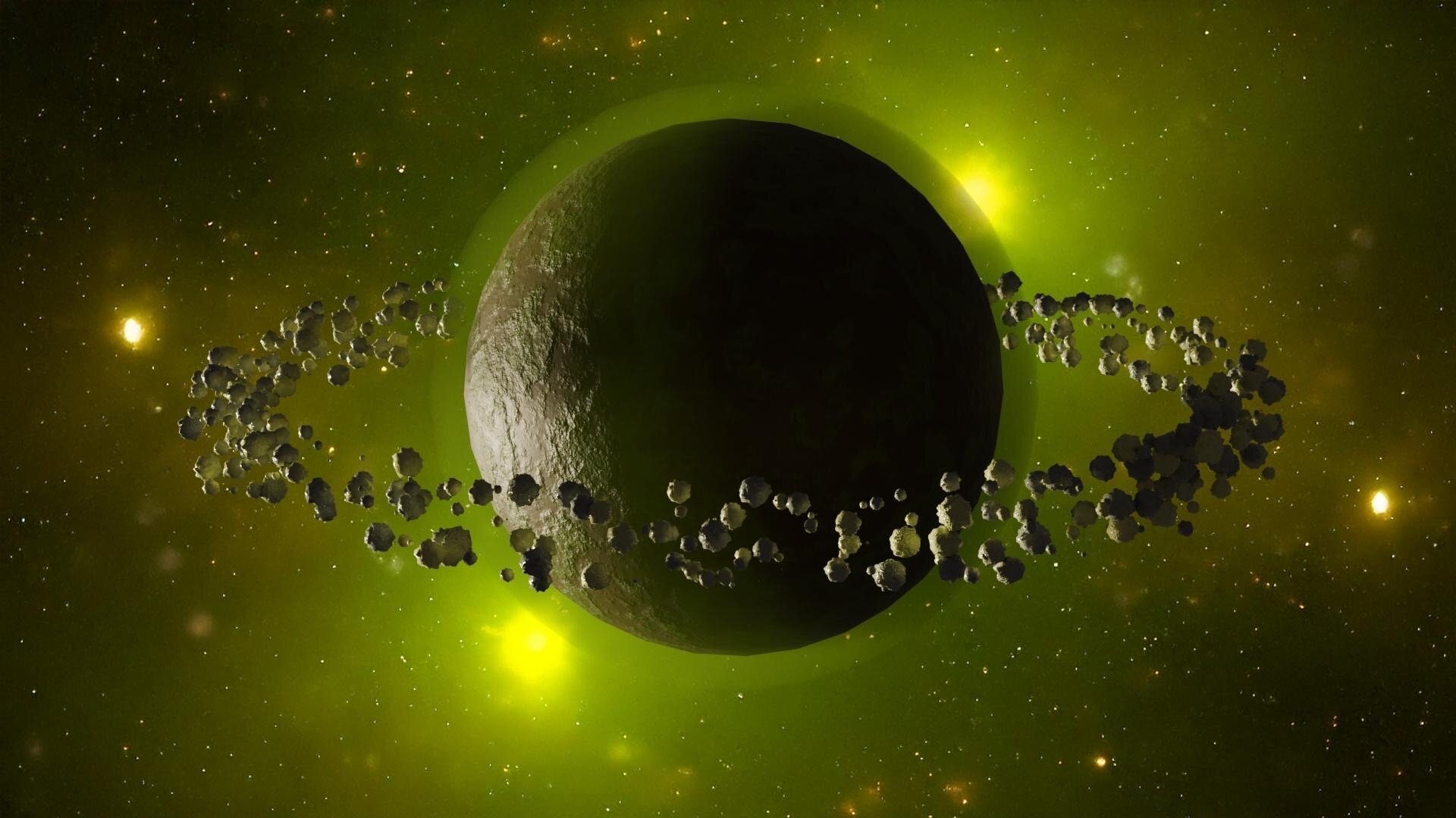 Photorealistic 3D model of a planet with a green atmosphere and asteroid belt.