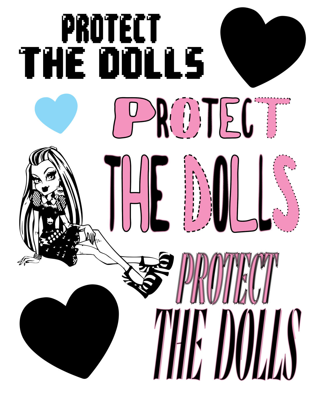 trois écritures protect the dolls avec trois cœurs et une image de la poupée frankie stein monster high