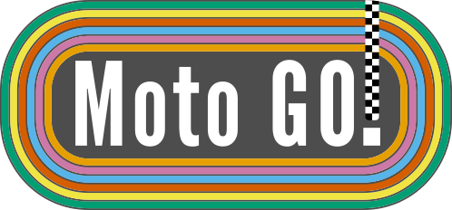 Brightly colored rings around large blocky text that reads "Moto GO!". The exclamation point had been replaced with a checkered finish line.