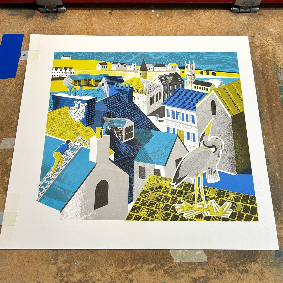 A screen print in progress of St Ives, Cornwall.