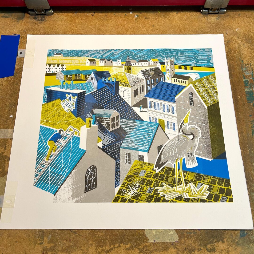 My finished screenprint of the rooftops of St. Ives, Cornwall, printed in turquoise, blue, yellow with overprinted white and transparent grey.